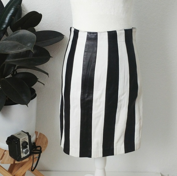 Vintage Dresses & Skirts - Vintage Striped Leather Mini Retro Skirt -A